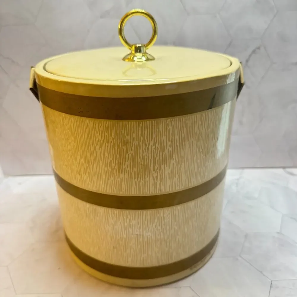 Vintage Culver Ice Bucket MCM Ecru w/Lid & Handle Barware Retro 70s 80s in EUC